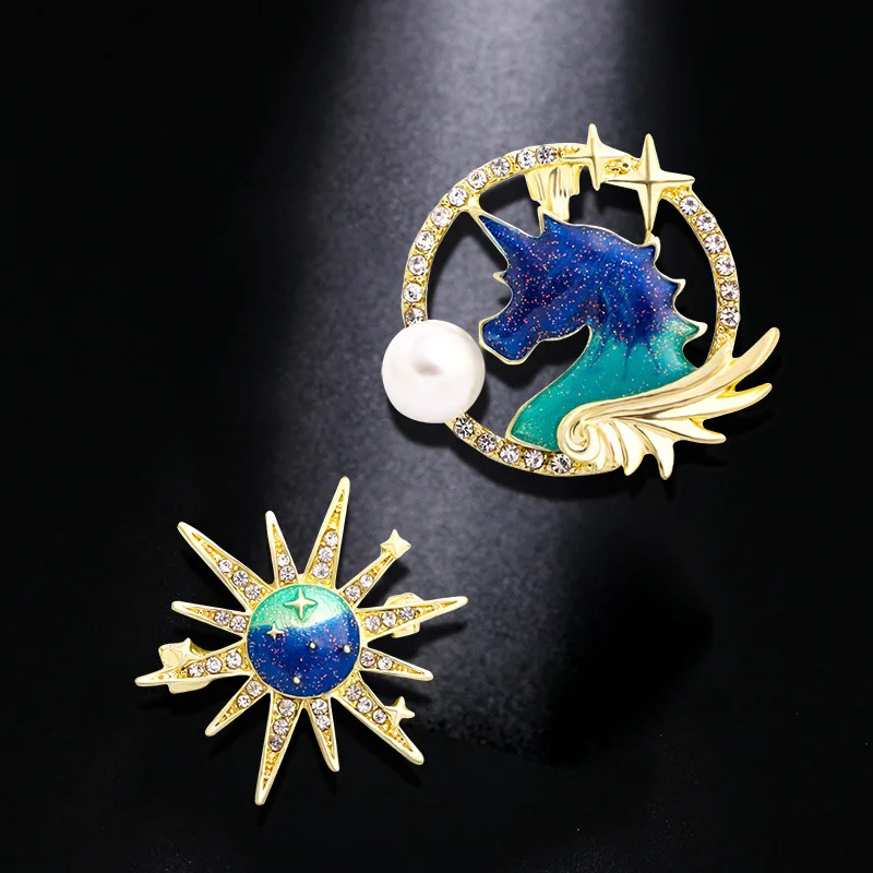 Xingyunday Blue Starry Sky unicorn Golden Brooch Rhinestone Safety Pin Badge Costume Jewelry Women Accessories Cute Gift