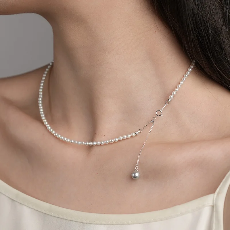 

4Mm Freshwater Necklace Vintage Layered High-End Collarbone 925 Silver Pearl Chain
