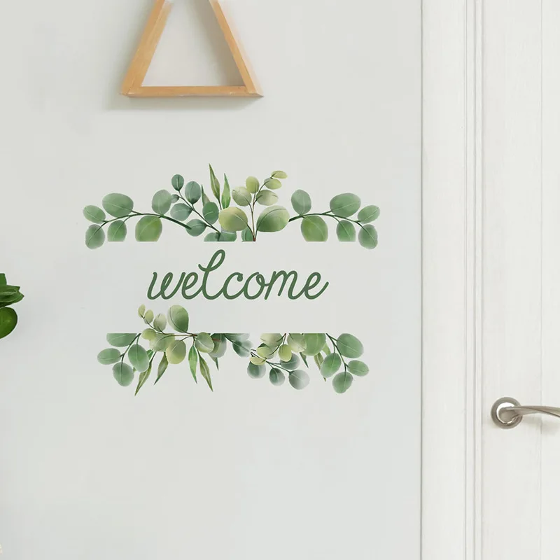 Welcome Door Sticker Green Leaf Decal Removable Welcome for Entryway Decor Letters Decorations for Home Shop Glass Simple Style