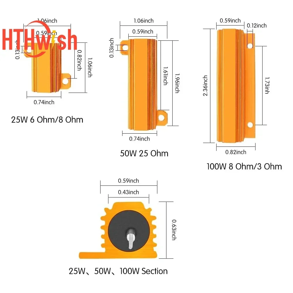 25W 50W 100W Watt Power Metallgehäuse Aluminium Gold Widerstand 3R 6R 8R 25R CarLoad Widerstand LED Decoder Brems Blinker Licht