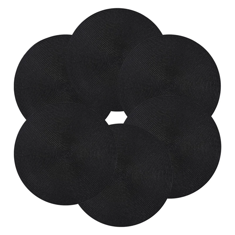 Round Braided Placemats Set Of 6 Table Mats For Dining Tables Woven Washable Non-Slip Place Mats 15 Inch Halloween Black