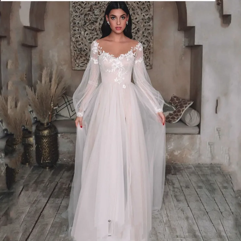 

Brilliant Illusion Tulle Sweetheart Wedding Dress 2023 New Long Sleeves Backless A-Line Sweep Train Custom Made Bride Gown Lace