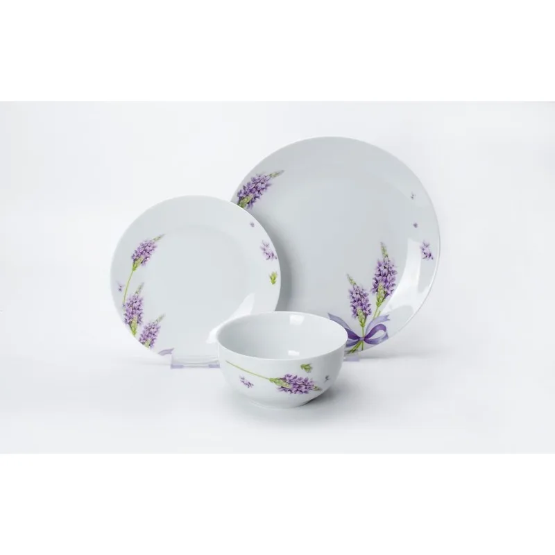 12-Piece Porcelain Kitchen Dinnerware Set with Purple Lavender Pattern, Round Dinner Plates, Dessert Plates, Soup Bowls