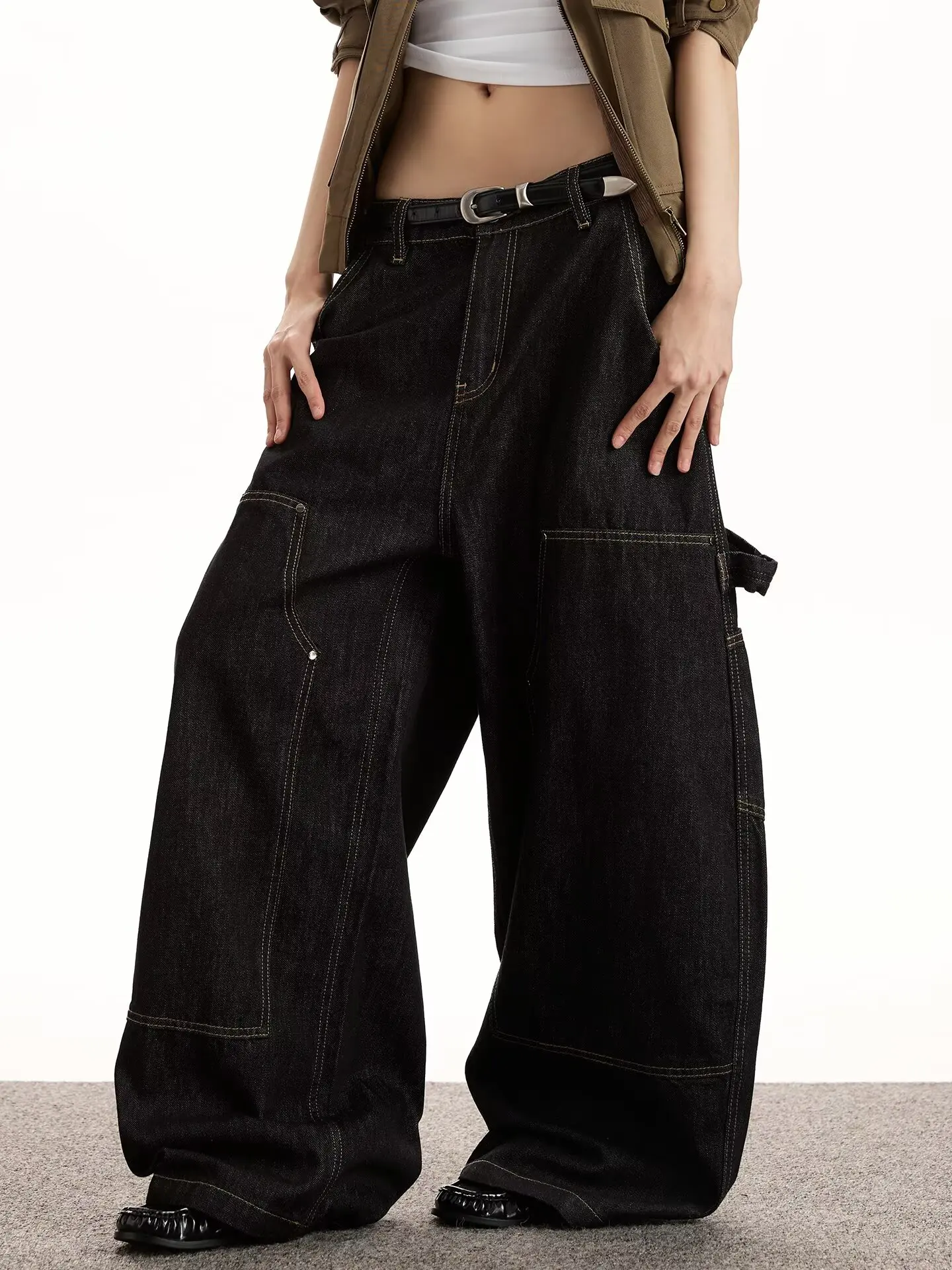 Klassische Vintage Grunge Y2k Jeans Frauen High Street Schwarz Baggy Denim Hosen Breite Punk Casual Gerade Übergroße Denim Hosen