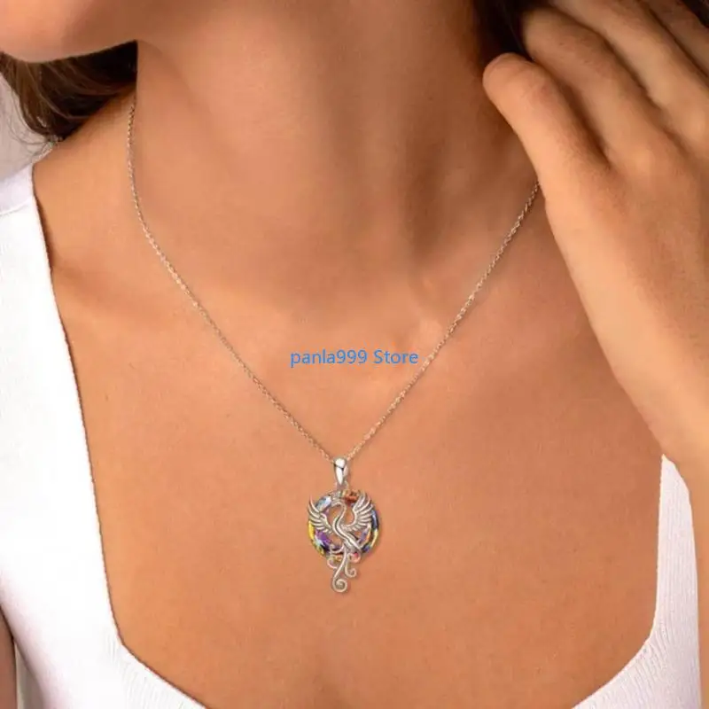 

P0RF Vintage Silver Personality Stainless Steel Colorful Crystal Phoenix Necklace