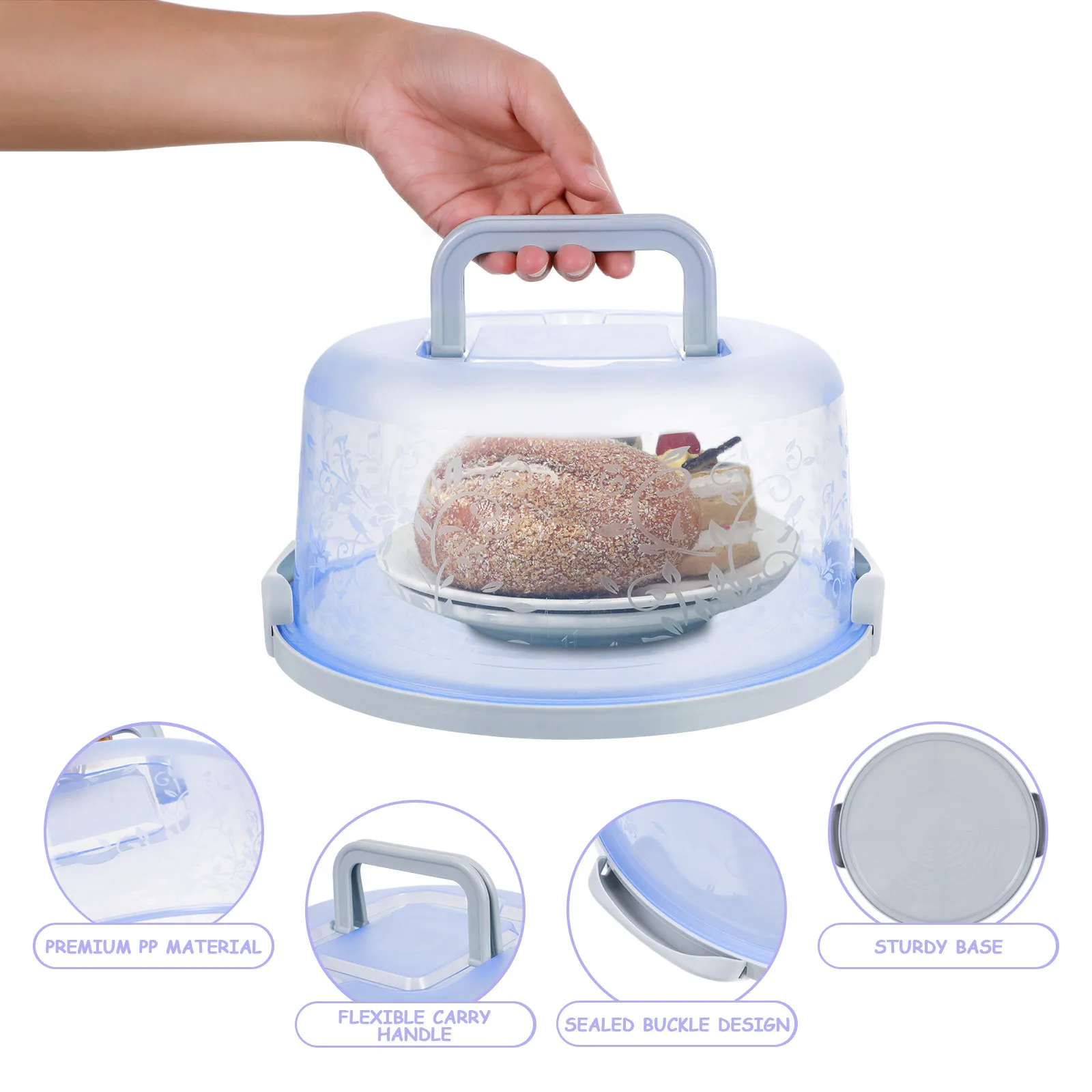 Round Cake Carrier Portable 10 Inch Diameter PP Plastic Airtight Locking Lid Locking Buckle Handle Bakery Cake Box Cupcake