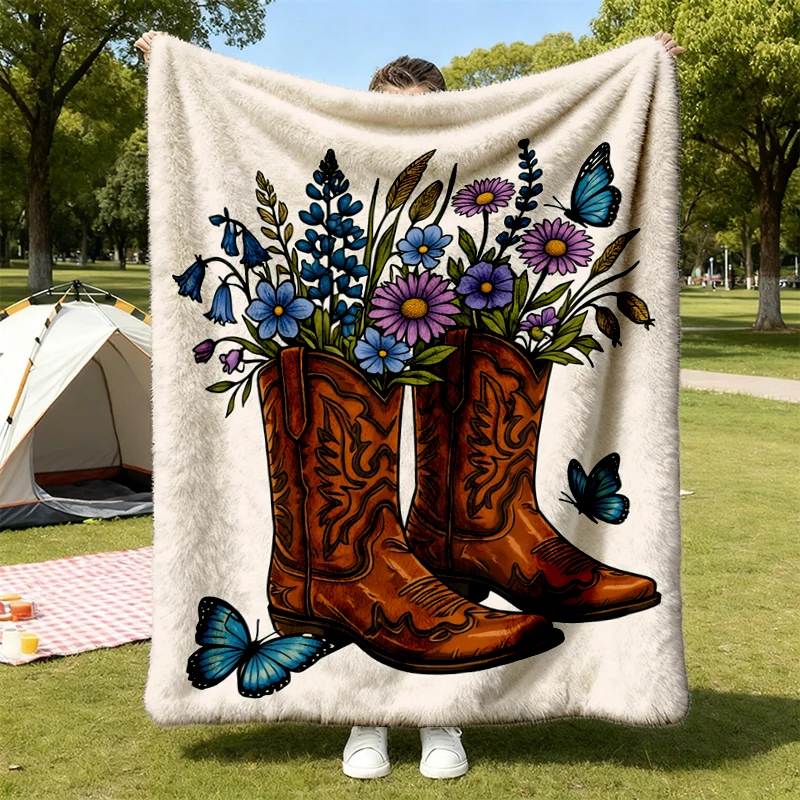 Cowgirl Boots Wildflower Soft Blanket, Texas Bluebonnet Comfy Blanket, Vintage Western Floral Country Flannel Blanket