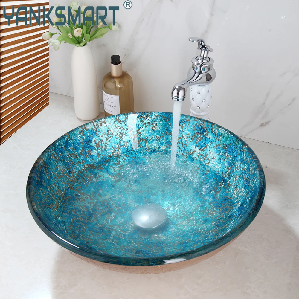 YANKSMART Art Round Tempered Glass Sink Hand-Paint Lavatory Deck Mounted Basin Bathroom Washbasin Mixer Water Tap Combo Kit