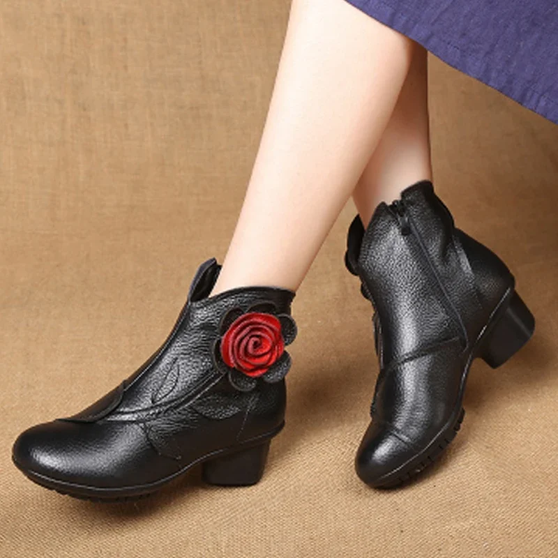 TIMETANG New Folk Style Floral Female Shoes Winter Comfortable Genuine Leather Ankle Boots for Women All Match Retro Boots C313