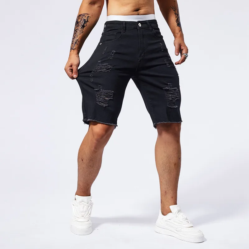 

Retro washed nostalgic distressed denim shorts for men's summer slim fit stretch street fashion trend casual capris