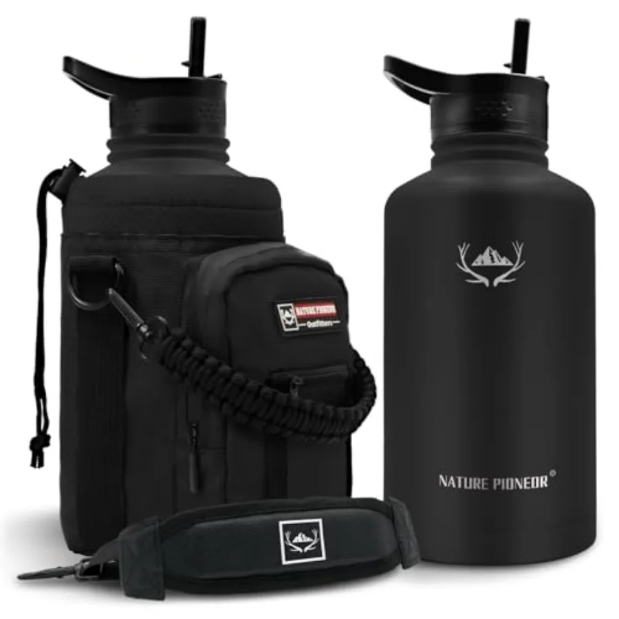 

Insulated Water Bottle - Double Vacuum Stainless Steel Half Gallon Water Bottle with Holder and 3 Leakproof, BPA Free Bottle Li