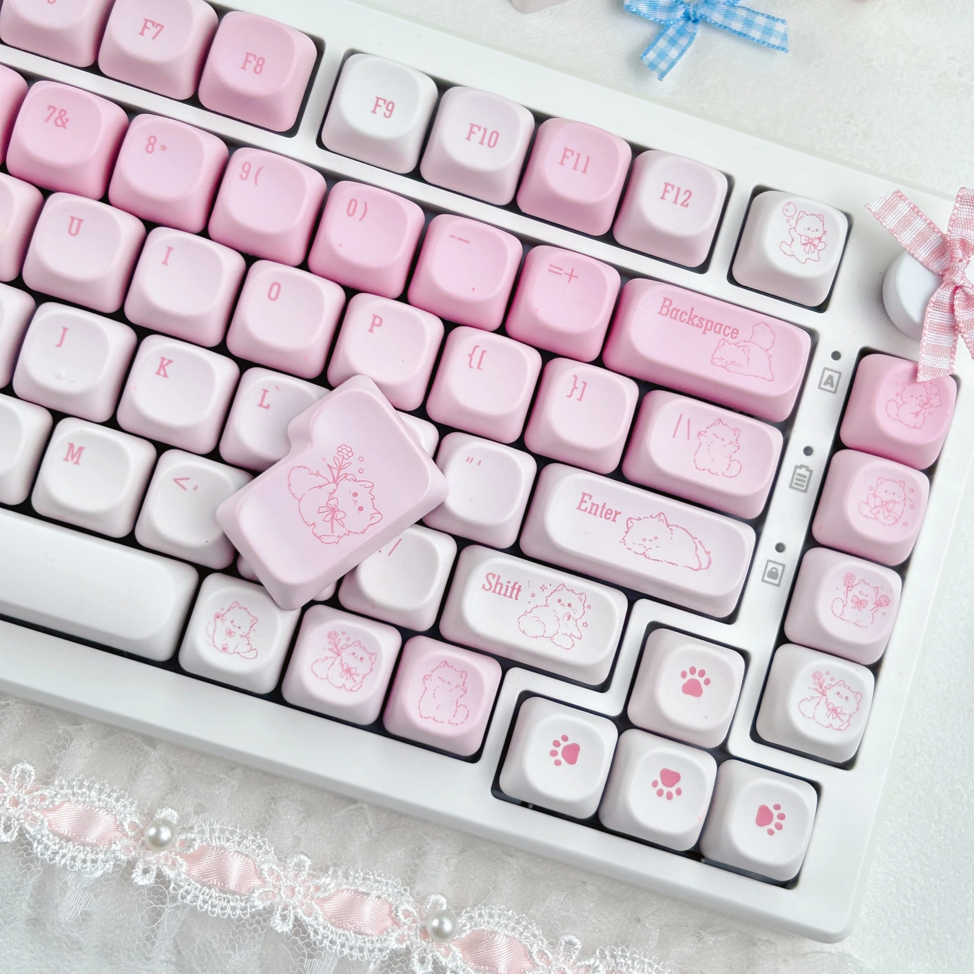 MAIMOOO Pink Gradient Cute Cat Keycap MOA Profile Korean/Russian/Thai PBT Custom Kitten Meow Keycaps for Mechanical Keyboard