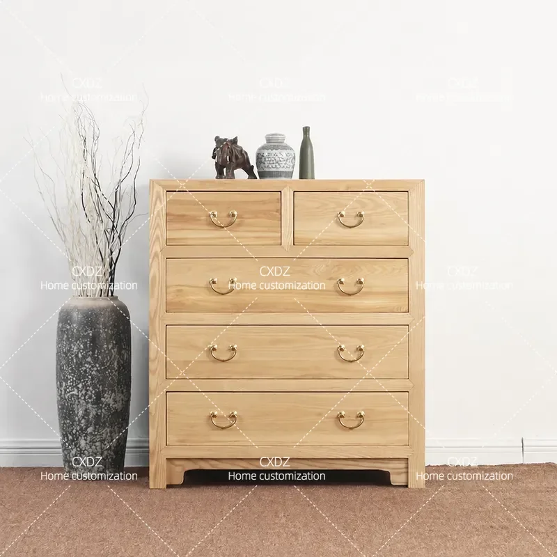 Modern New Chinese Style Old Elm Chest of Drawers Bedroom Solid Wood Five Drawer Cabinet Simple Antique Storage Decorative