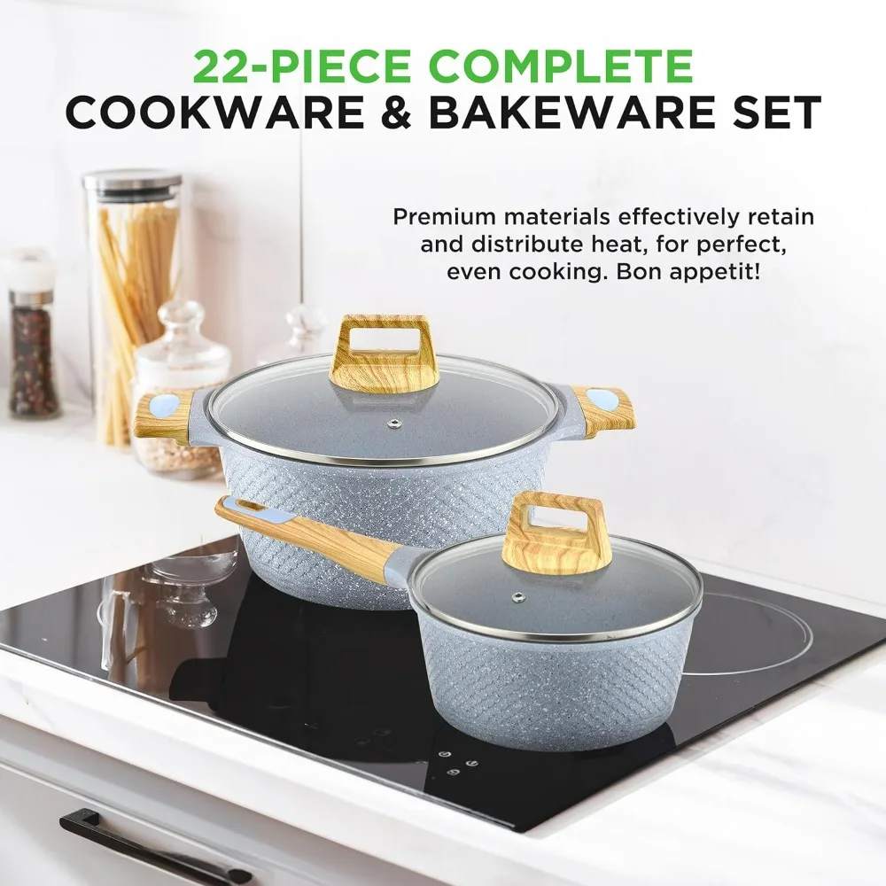 22-Piece Cookware and Bakeware Set | Professional Home Kitchen Collection with Multi-Sized Pots