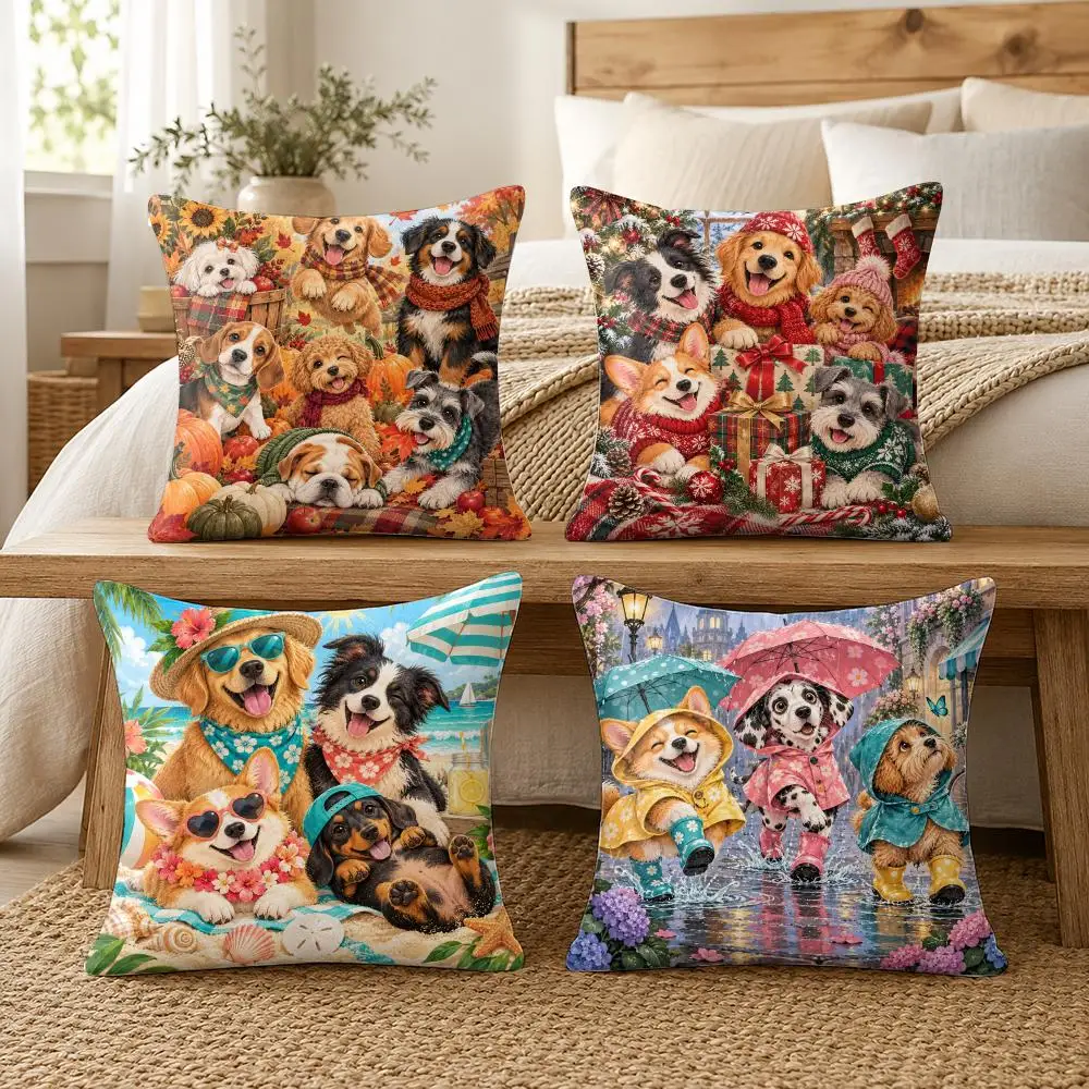Happy Puppies Picnic Cushion Cover Soft Short Plush Pillow Cases Hidden Zipper Cutecore Sofa Bedroom Home Decor Gift