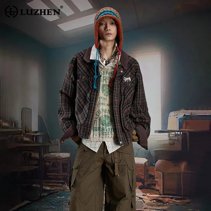 

LUZHEN Fashion Original Checked Printed Street Casual Jacket Men's 2025 Autumn New Streetwear High Quality Corduroy Coat JY4338