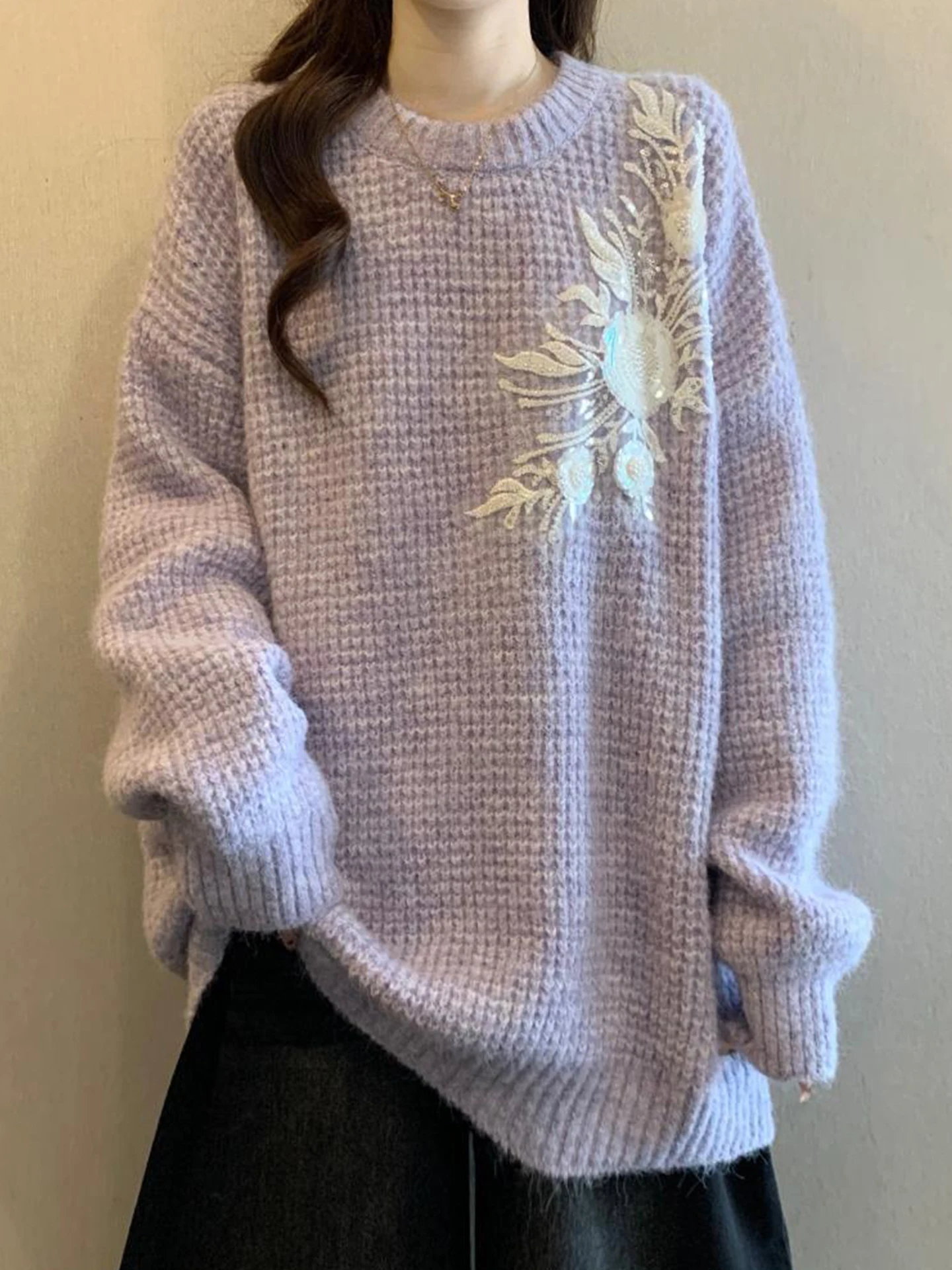 

Корейский вязаный свитер оверсайз с бусинами, фиолетовый, для женщин, осень-зима, большие размеры, для полных женщин, класса люкс, очень красивый