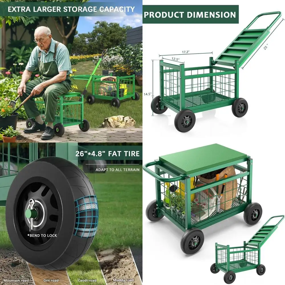 

Rolling Garden Work Seat with Wheels, Upgraded Heavy Duty Gardenning Cart with Seat - Garden Rolling Stools with Wheels or Seni,