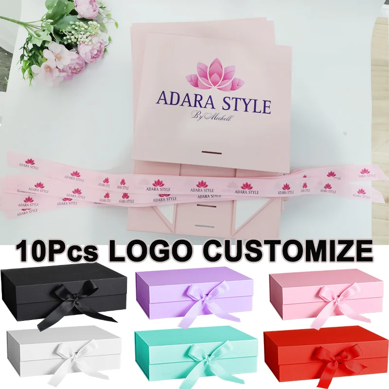 

Customized Gift Box Personalized Wig Box Magnetic Flip Folding Box Ribbon Gift Boxes Festival Party Wedding Present Box 10Pcs
