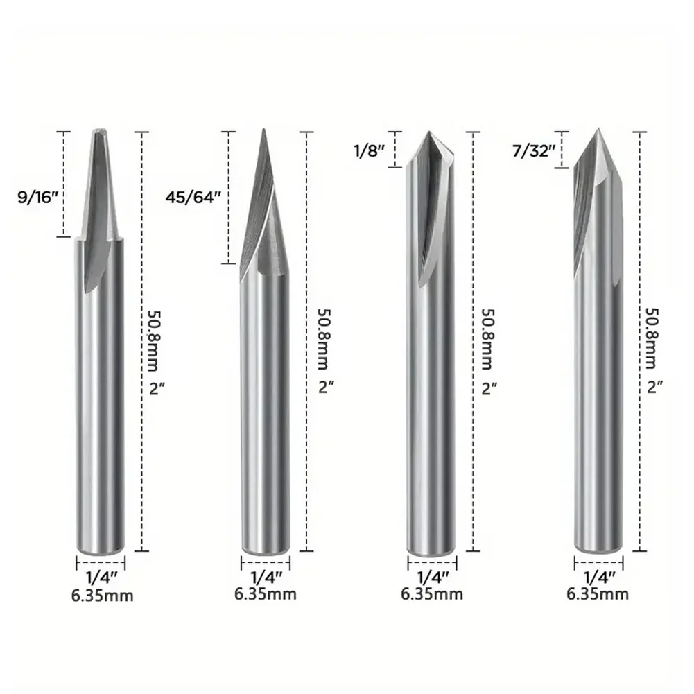 1/4Pcs V Shape Engraving Bit Set CNC Router Bits Carving Tool 15-90 Degrees For Wood Acrylic PVC MDF V-shaped Edges Carving Tool