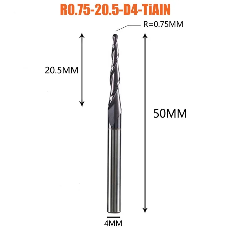 Professionele taps toelopende kogelkopfrees CNC-gereedschap Carbide frees voor hout/aluminium/Cu (2 snijkanten, TiAlN-coating)