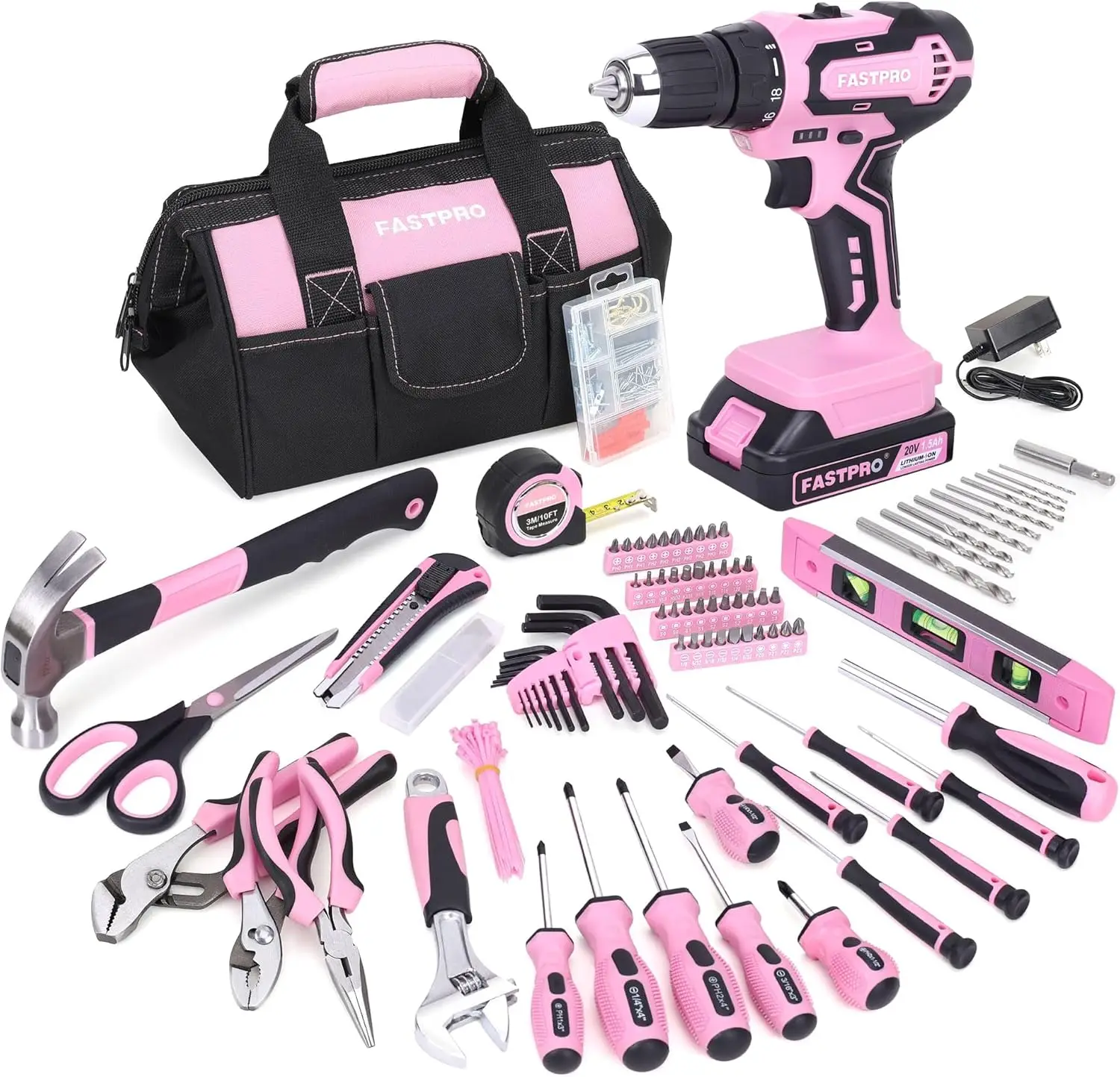 

Набор из 232 предметов: 20В розовый беспроводной литий-ионный шуруповерт и набор инструментов для дома, женский ремонтный комплект с 12-дюймовым отверткой с широким зевом