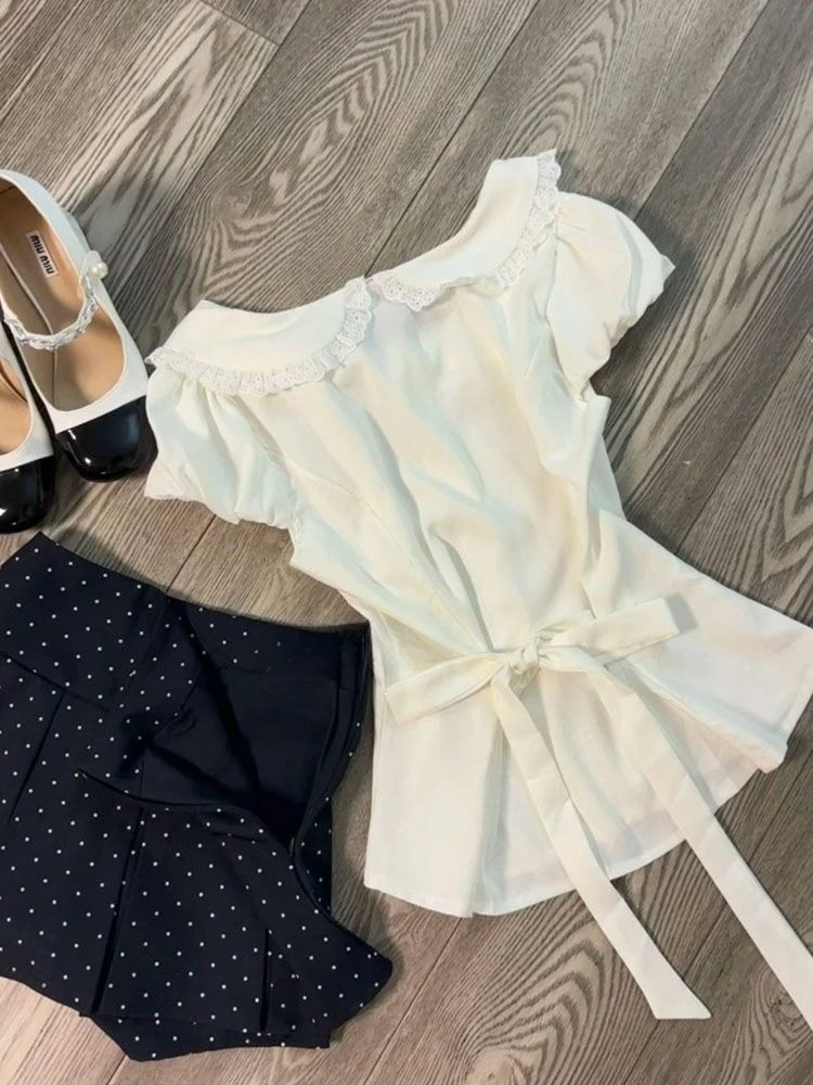 Summer New Doll Collar Shirt Polka Dot Pleated Skirt Suit French Cute Lace Love Waist Coat College Style Two-piece Sweet Girl view 5