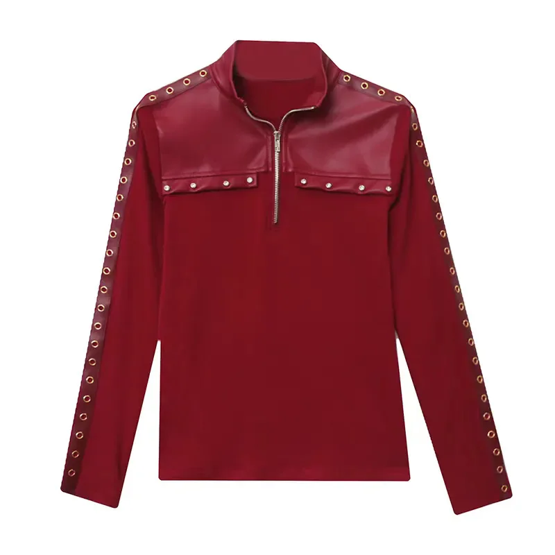 Mode PU Leder Patchwork Revers Langarm Hemd Bluse frauen 2026 Neue Frühling Herbst Schlank Nagel Perle Half-zip Strickjacke Top