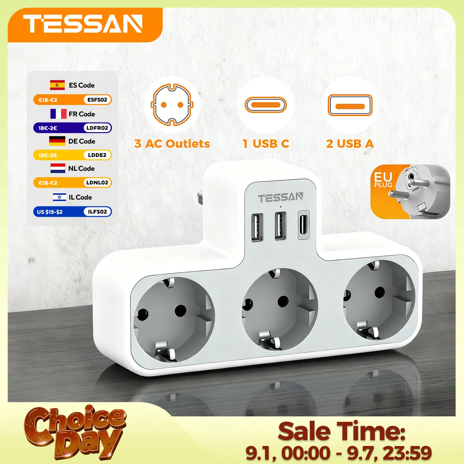 Image of TESSAN Mehrfachsteckdose nach EU-Standard, USB-Wandsteckdose, 6-in-1-Verlängerungssteckdose mit 3 AC-Steckdosen, Adapter, Wandladegerät für Zuhause und Büro