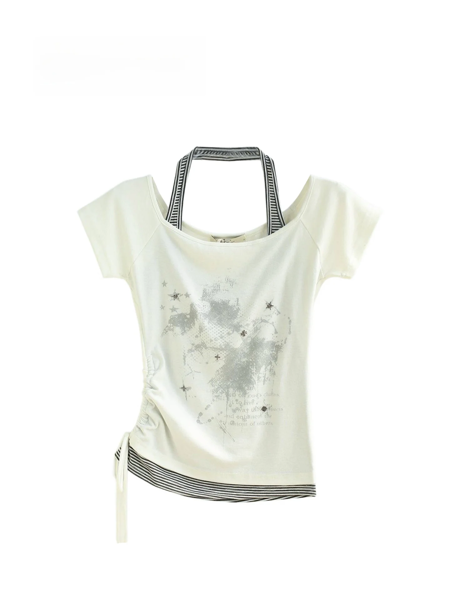 Millennium Light Cotton Short Sleeve T-Shirt Striped Print Drawstring Neck Beaded Summer Fashion Casual Korean Style Women's Top