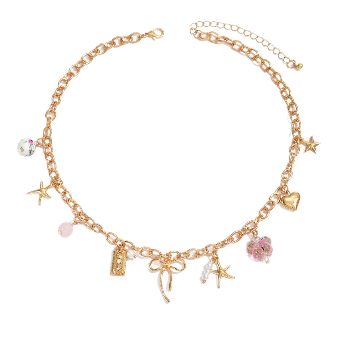 2025 قلادة على شكل قلب شريطي - مجموعة أساور من الخرز السيراميكي، مجوهرات الأزهار الأنيقة البوهيمية ذات الطبقات البسيطة