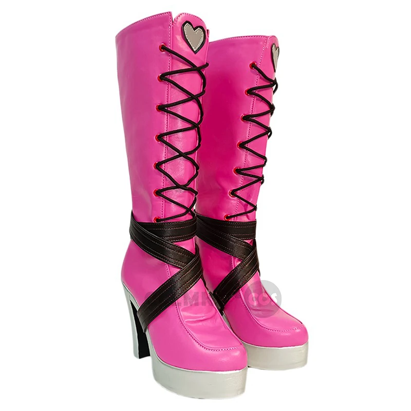 Girl Vampire Cosplay Shoes Anime Women Pink Knee High Boots Straps High Heels Shoes Halloween Costume Shoes