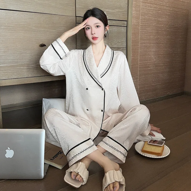 2024 Autumn New Two Piece Ins Style Pajamas Women Ice Silk Tiktok Jacquard Dark Stripe Luxury High Quality Elegant Nightgown Set