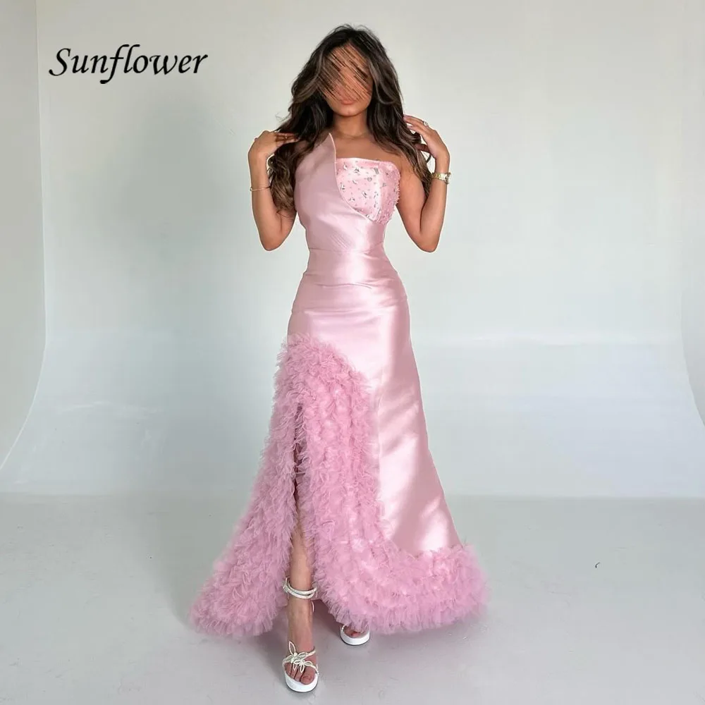 

Sunflower Pink Beading Strapless Satin Mermaid Evening Gown Backless Slim Party Prom Dress Floor Length Formal vestidos de noche