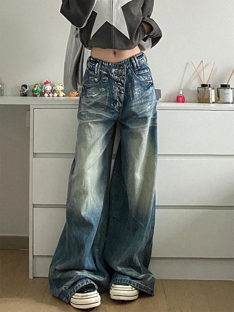 Streetwear American Vintage Blue Y2k Jeans Women Vintage Irregular Harajuku 90s Aesthetic Baggy Cargo Pants Denim Trousers