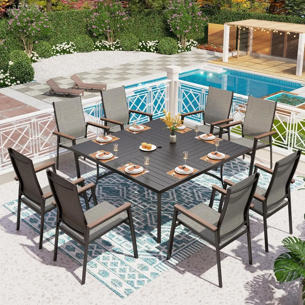 Outdoor Dining Set for 8, Aluminum Stackable Chairs and Large Square Metal Table, Breathable Fabric, Easy To Move, Outdoor Table