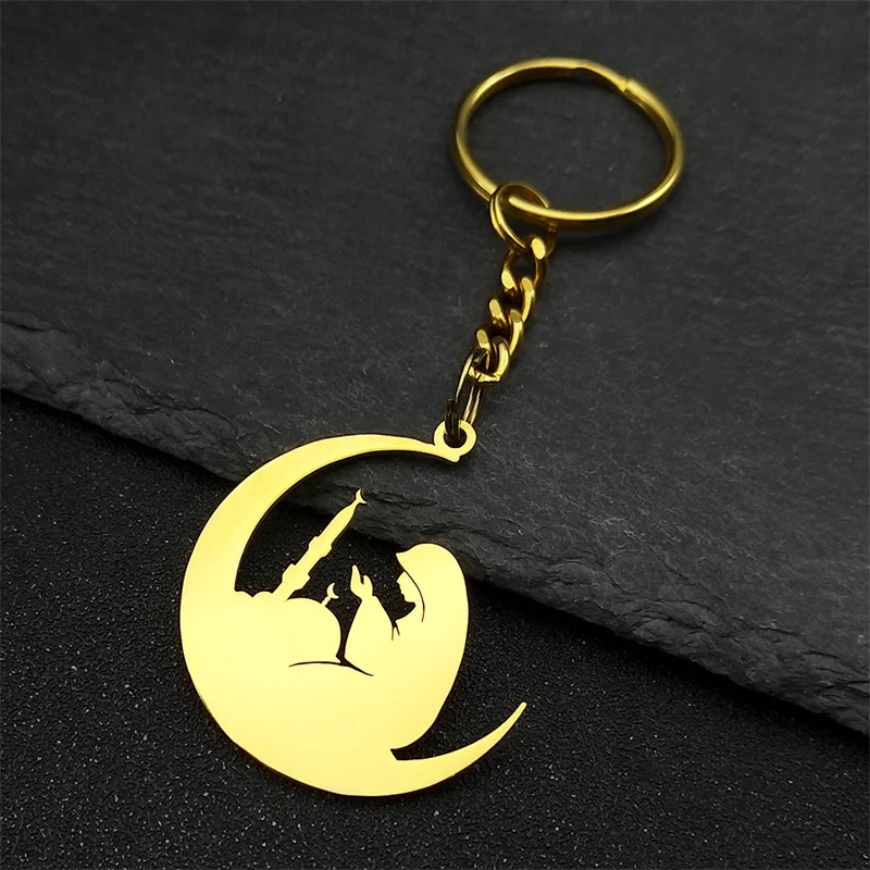 Parying Moon Ramadan Mubarak Islamic Muslim Key Chains for Women Men Stainless Steel Gold Color Eid Al Adha Jewelry Gift