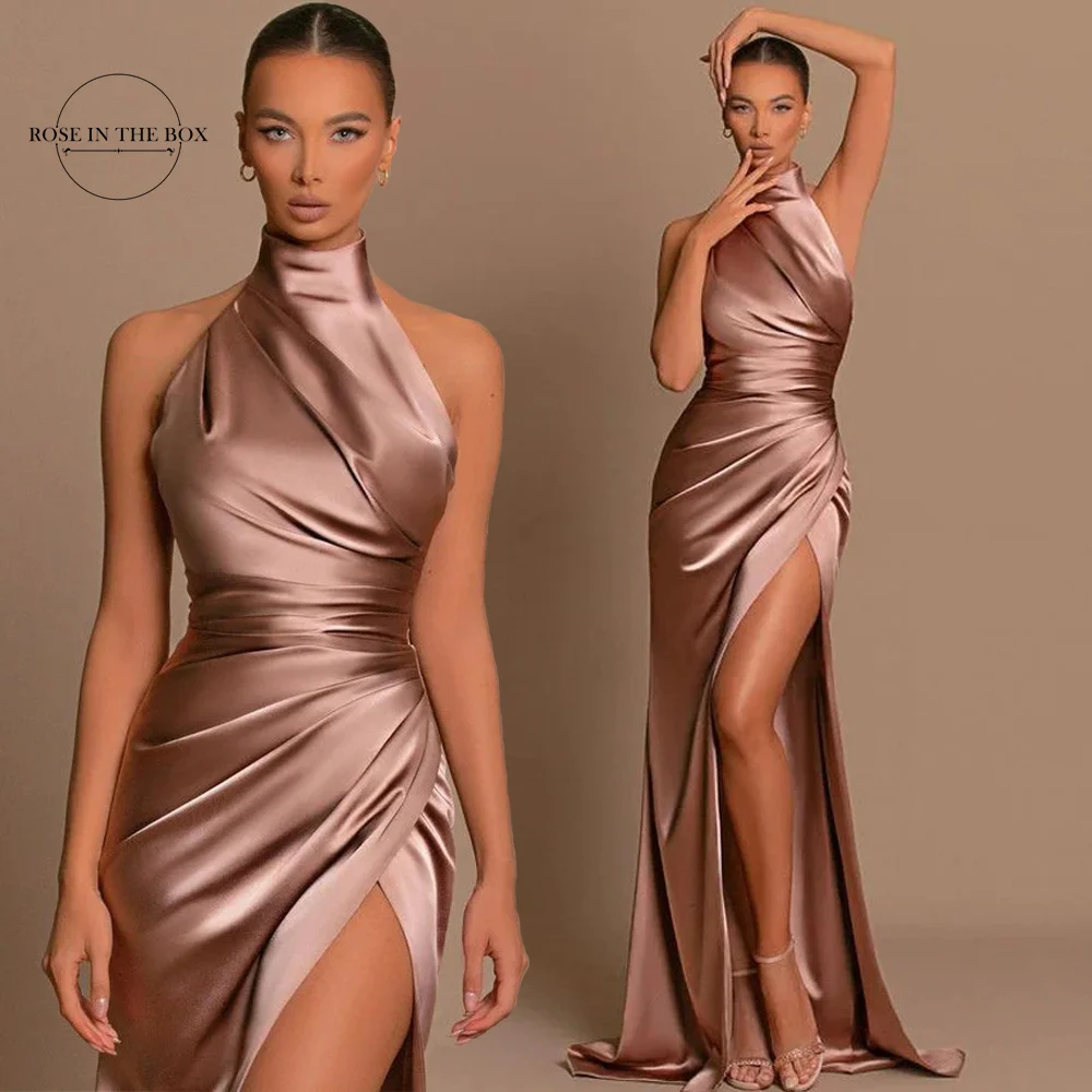 Elegant Long Mermaid Prom Dresses with Slit 2024 African High Neck Pleated Satin Formal Occasion Evening Party Gowns For Women