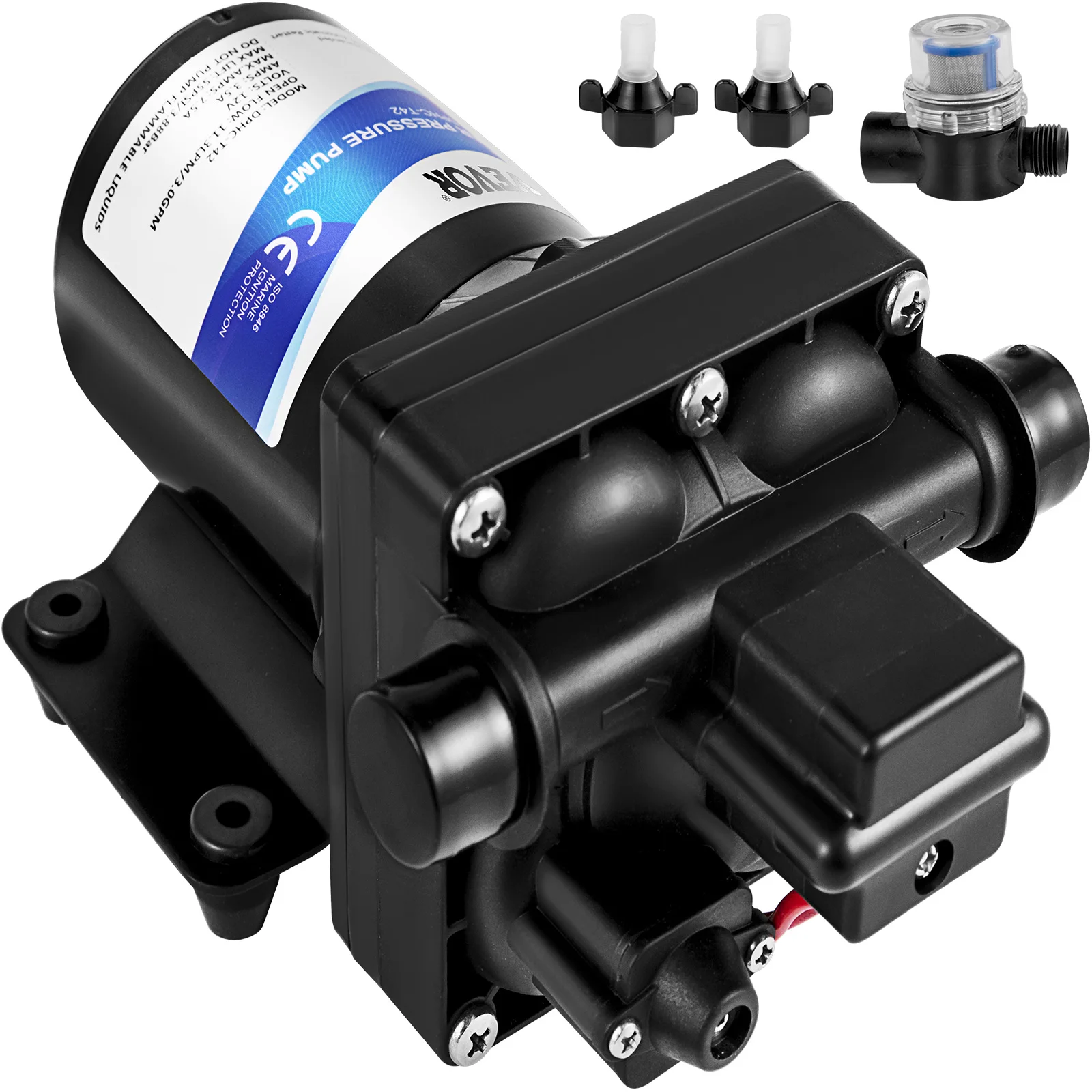 VEVOR Fresh Water Pump 3 GPM with Pressure Switch 45 PSI Detachable Strainer 12V Diaphragm Pump for RV Camper Marine Boat Lawn