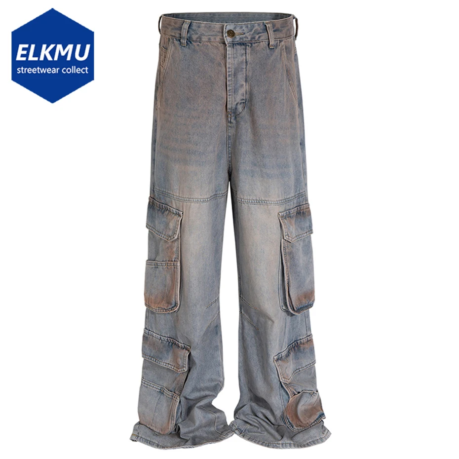 

Vintage Blue Cargo Jeans Multi Pockets Tactical Denim Pants Luxury Designer Jeans Trousers Casual Loose Wide Leg Baggy Jeans