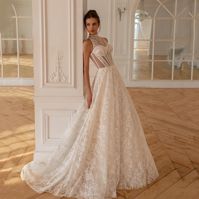 

Свадебные платья Eightree Princess с кружевом и А-образным силуэтом, белые, с высоким воротом, без рукавов, бальные платья для женщин, свадебные и выпускные платья на заказ