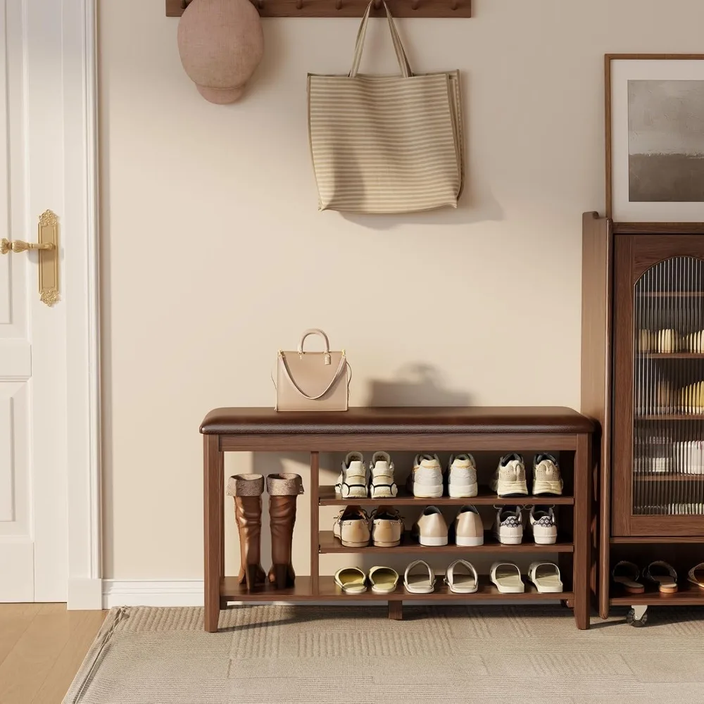 مقعد تخزين الأحذية من الخشب الصلب بارتفاع قابل للتعديل مع وسادة للمدخل وغرفة النوم والممر بلمسة نهائية من خشب الجوز