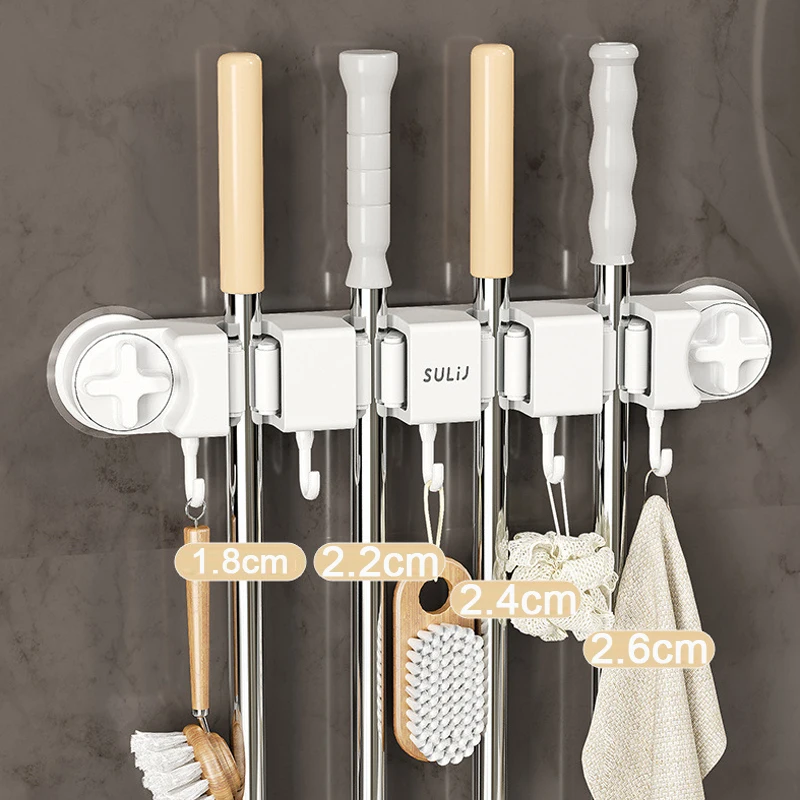 Suction Cup Mop Clips Holder 2-4Clips Wall Mop Brush Broom Hanger Rack Kitchen Bathroom Organizer Shelf Clamp with Hook Accessor