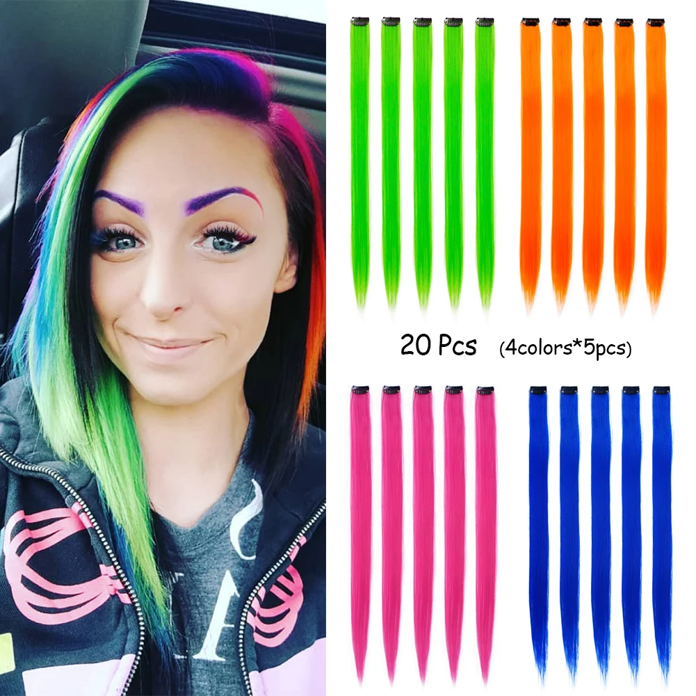 

20PCS Multi-colors Highlights Clip in Extensions for Girls 22 inchColored Long Rainbow Hair Synthetic Hair Extensions for Kids