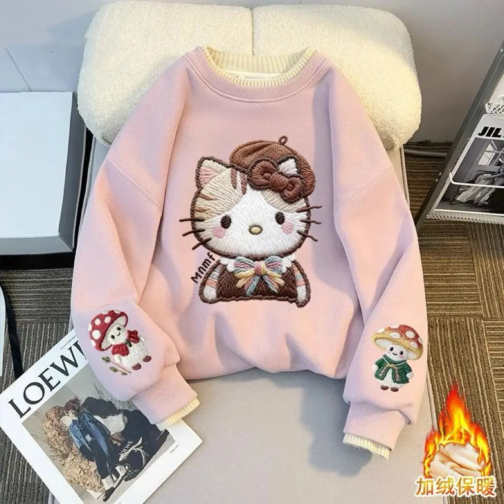 

Sanrio Hello Kitty Round Neck Sweatshirt Fleece Lined Warm Print Casual Girls Fashion 2026 New Style Long Sleeve Top Clothing