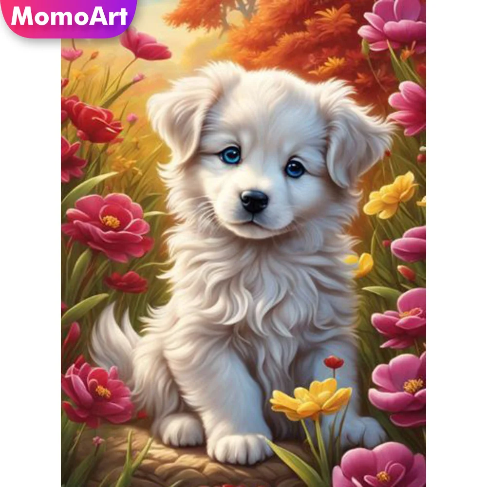 Momoart Diamant Stickerei Hund Voll Platz Runde Diamant Mosaik Tier DIY Kunst Diamant Malerei Blume Wand Dekoration