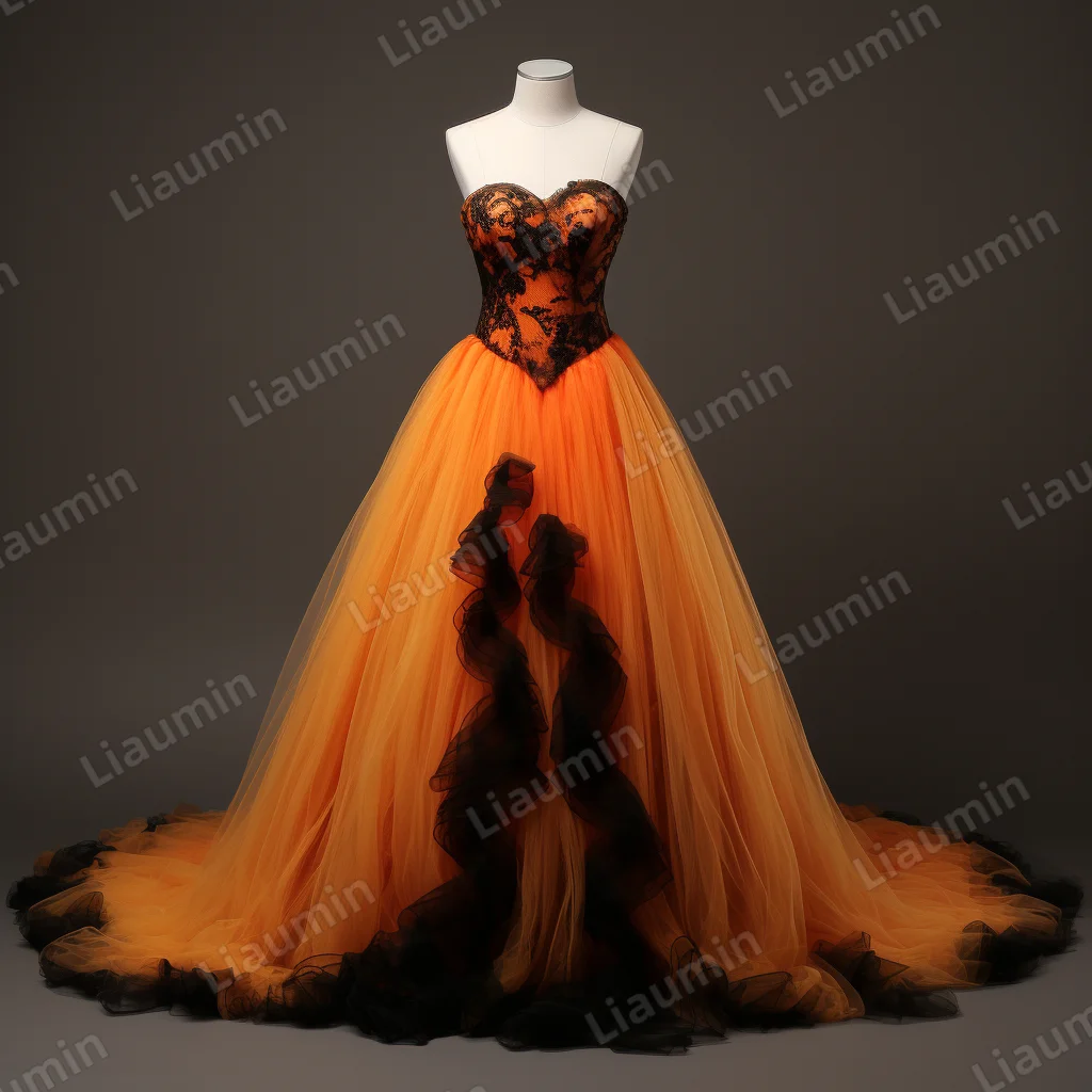 Stunning Fashion Orange Black Tulle Lace Applique Strapless Evening Prom Dress Princess Formal Party Clothing Custom J2-7.11