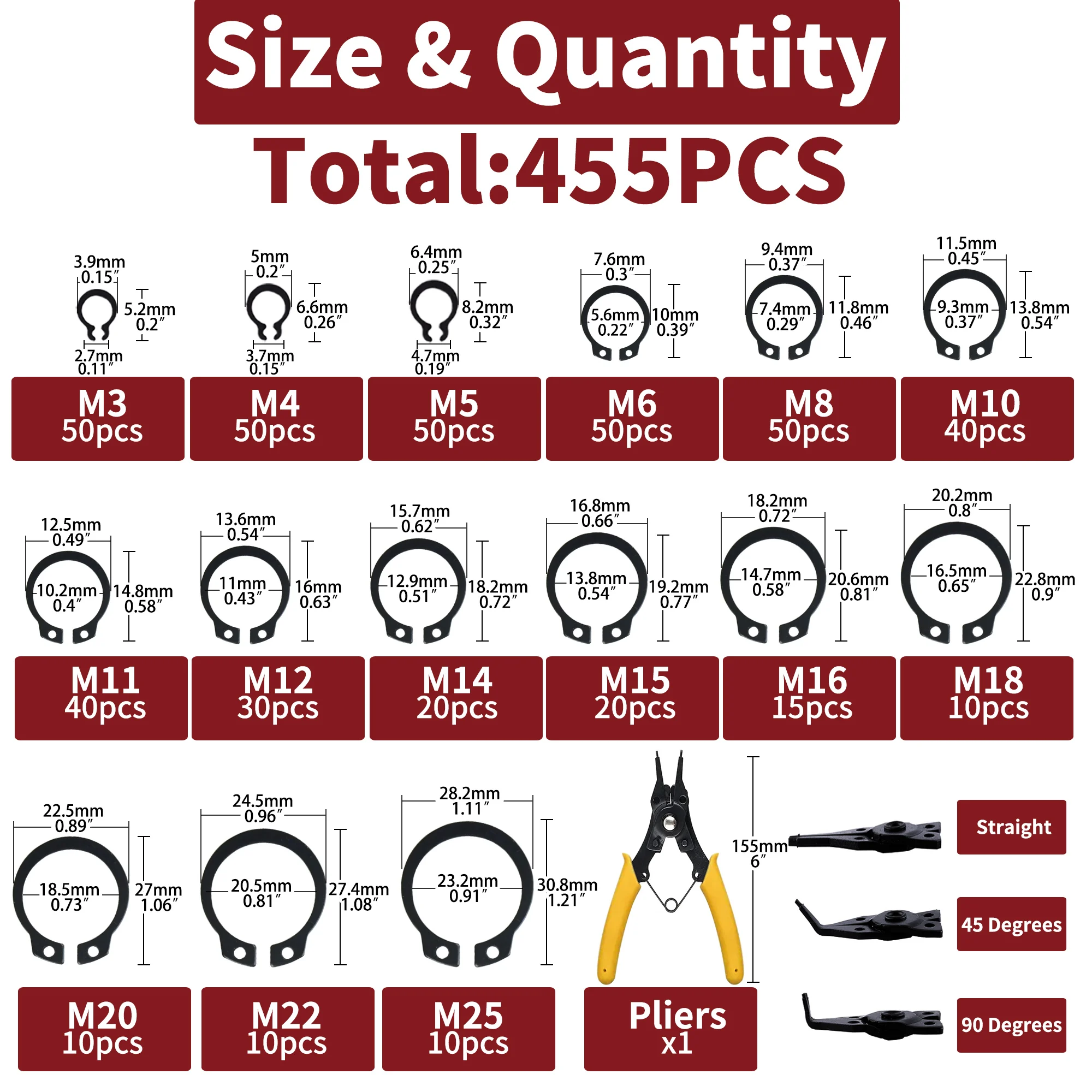 456pcs M3 M4 M5 M6 M8 M10 M11 M12 M14 M15 M16 M18 M20 M22 M25 15 Sizes Snap Ring Assortment lnternal Retaining Ring Tools