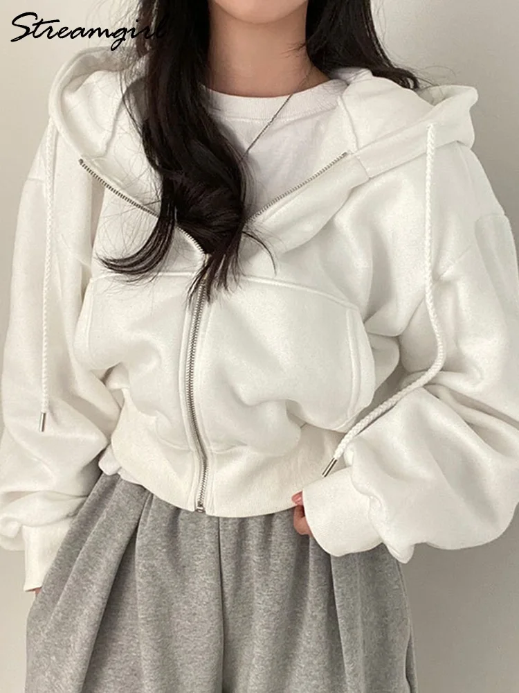 Streamgirl Short Hoodies Women Zipper Oversized Jackets 2024 Spring Gray Sweatshirts With Hood Cotton Women Korean Hoodies Tops