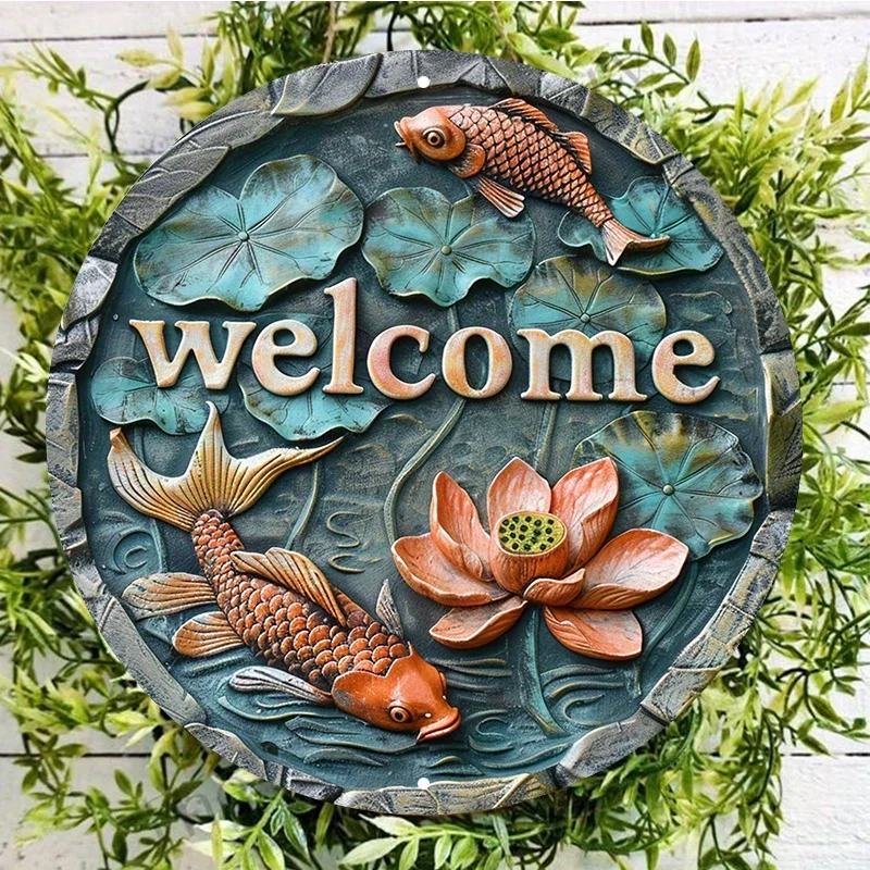 Welcome Goldfish and Lotus Pond Aluminum Metal Door Sign, Weather-Resistant, Pre-Drilled Round Wall Decor, 8x8in